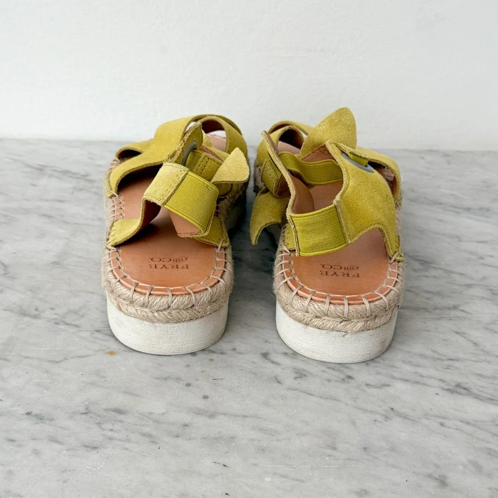 Frye and Co Espadrille Sandals Suede Bow Platform Yellow Crisscross Straps 7.5